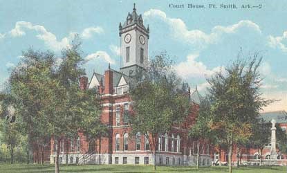 Sebastian County Courthouse in Fort Smith with tall tower over brick structure Sebastian County Courthouse in Fort Smith with tall tower over brick structure