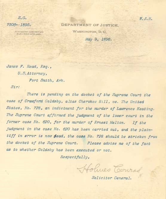 Typed letter on Department of Justice letterhead dated May 9, 1896, with handwritten signature, Holmes Conrad, Solicitor General. Typed letter on Department of Justice letterhead dated May 9, 1896, with handwritten signature, Holmes Conrad, Solicitor General.