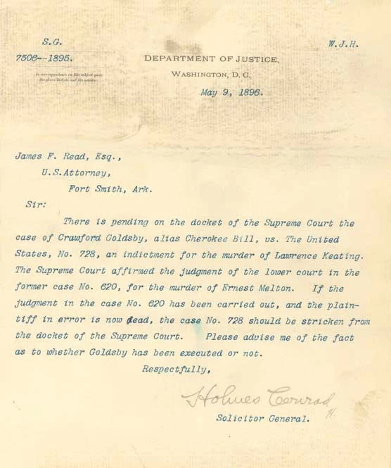 Typed letter on Department of Justice letterhead dated May 9, 1896, with handwritten signature, Holmes Conrad, Solicitor General.