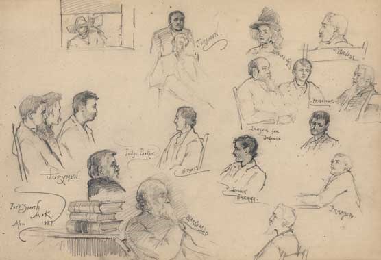 large drawing comprised of sketches of individuals in Fort Smith courtroom in 1889