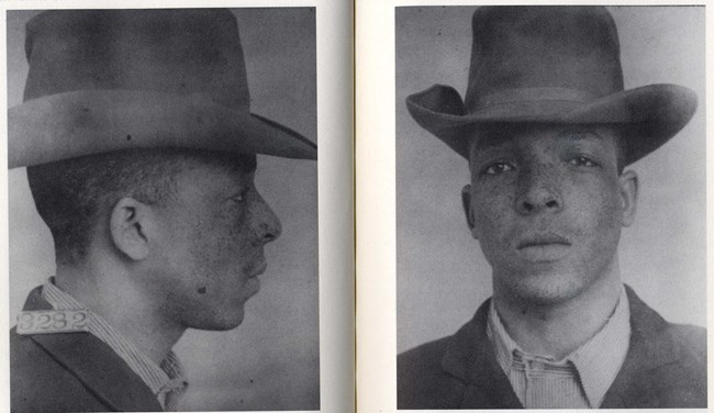 Mugshots of Benjamin Reeves On the left, a man with short hair facing to the right wearing a tall, brimmed hat with a card with the number 3282 sitting on his shoulder. On the right, the same man wearing the same hat looks stoically at the camera.