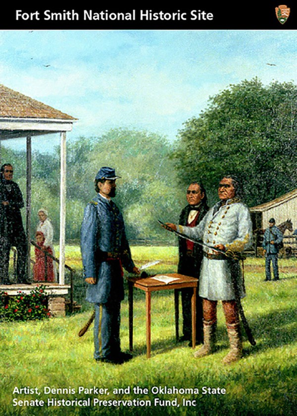 Artist drawing of General Stan Watie surrendering to a Union Soldier