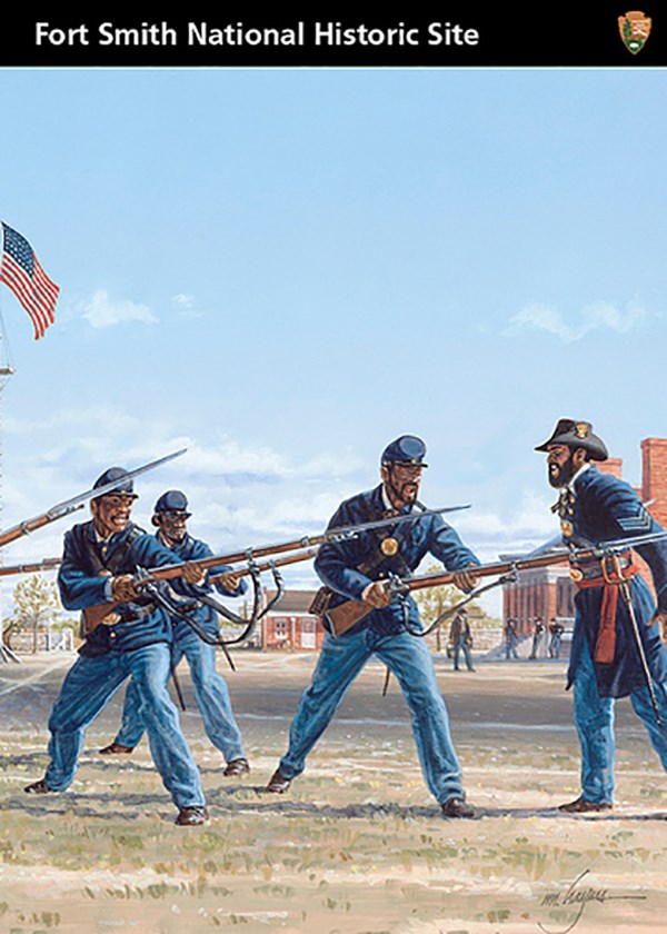 Artist drawing of three USCT soldiers practicing rifle drills under command of a Sargent.
