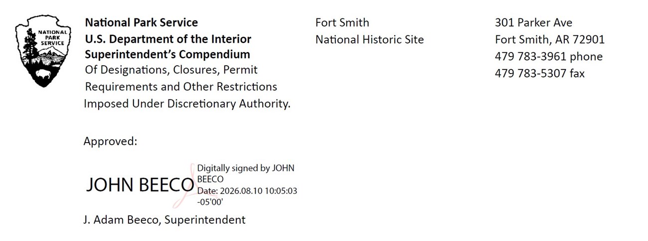 Fort Smith NHS Superintendent's Compendium header with J. Adam Beeco's Signature, dated 08/10/26.