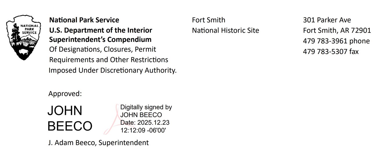 Fort Smith NHS Superintendent's Compendium header with J. Adam Beeco's Signature, dated 12/23/25.
