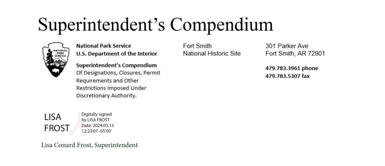 Fort Smith NHS Superintendent's Compendium header with Lisa Frost's Signature, dated 3/13/2024