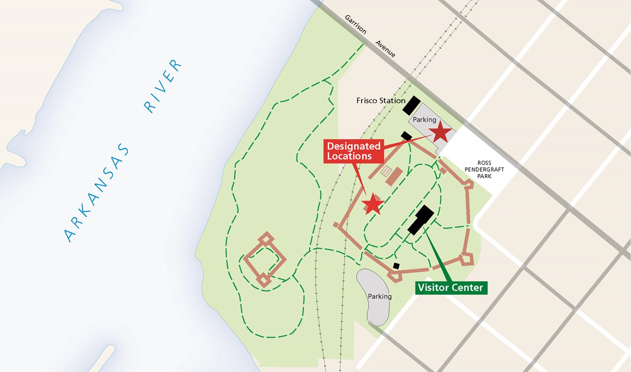 A map of the Fort Smith NHS grounds marking First Amendment Activity locations with red star. The Frisco Station parking lot is located in the upper left corner. The Former Officers' Quarters is located to the left of the Visitor Center.