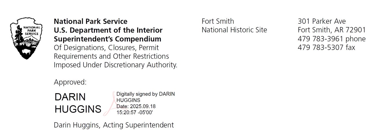 Fort Smith NHS Superintendent's Compendium header with Darin Huggins's Signature, dated 9/18/25.