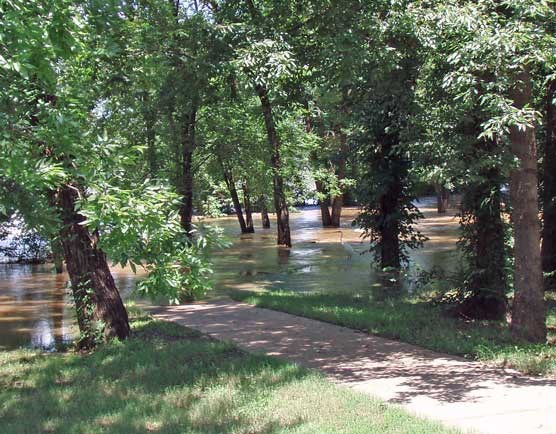 river flooding over park's sidewalk