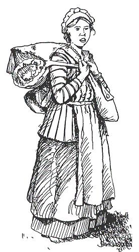 A drawing of a women in a long skirt and cap on her head. She carries a bundle on her back.