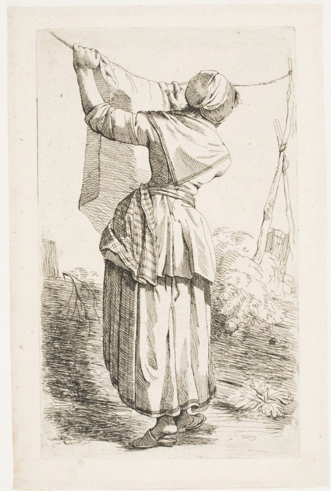 A sketch of a woman in a long skirt from behind. She stretches her arms up to pin clothing to a laundry line.