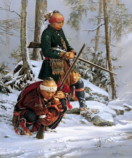 Two men in Native garb are surrounded by snow. One crouches looking at a track. The other stands behind him with a rifle.