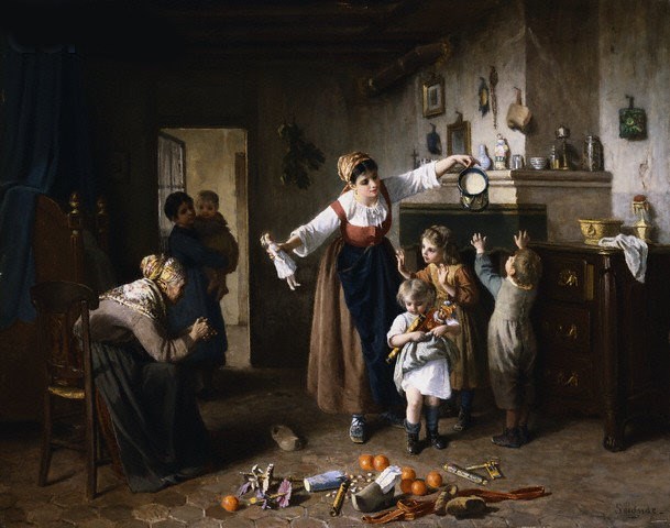 A Christmas or New Years morning scene with adults and children gathered together in the parlor. On the floor is a pile of oranges, nuts, and small toys.