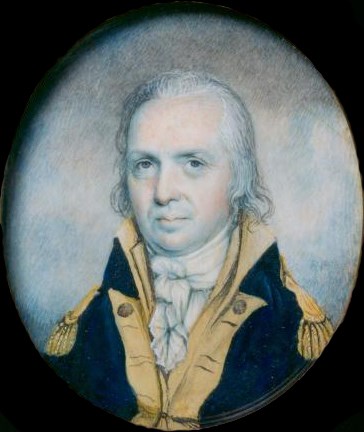 A portrait of a man in a Continental Army officer's uniform. He is older with wrinkles.