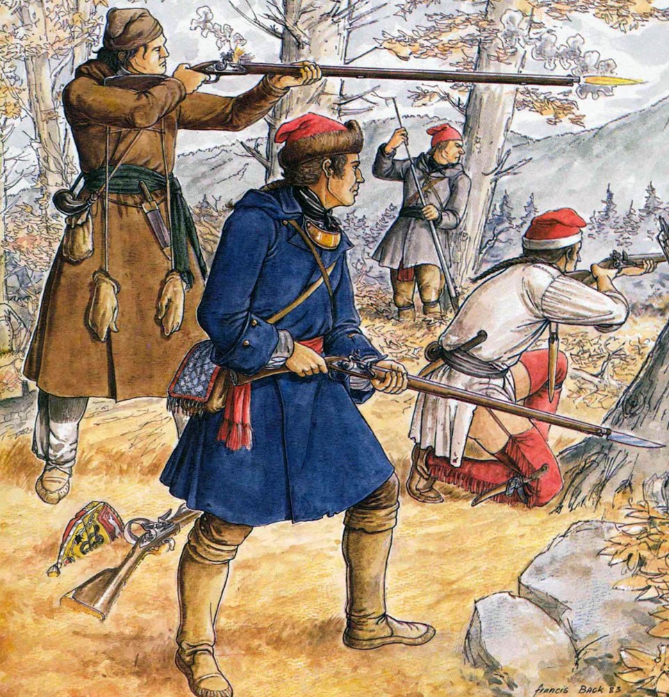 Four European men in long, woolen jackets and thick stockings aim their rifles under the cover of snow covered trees.