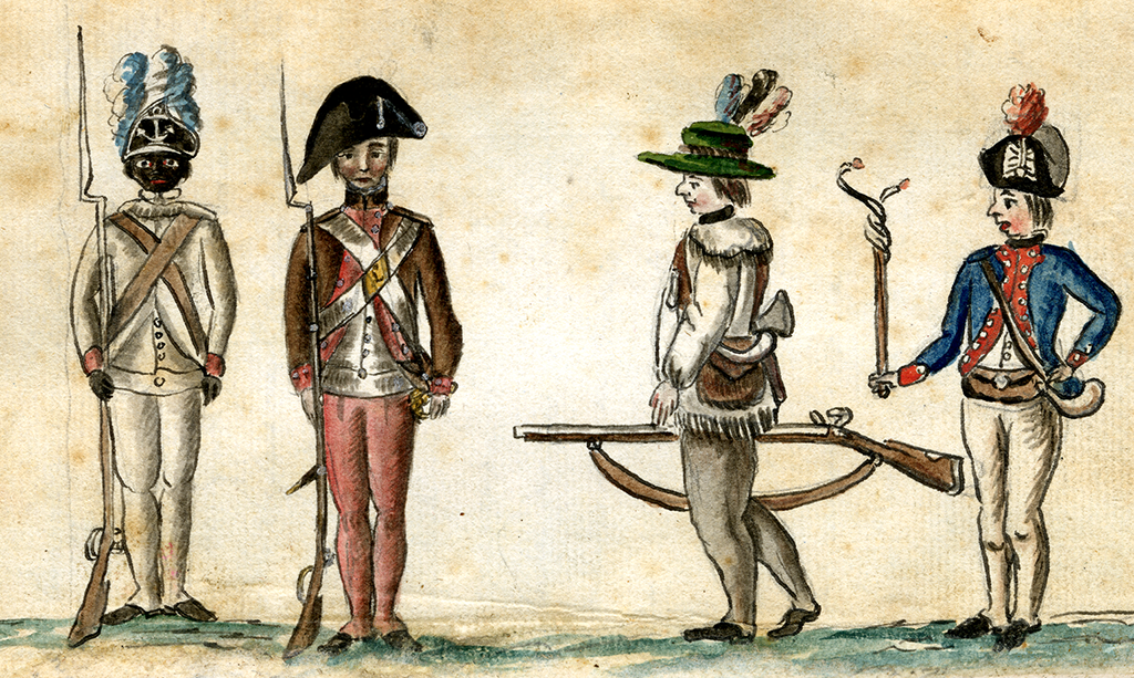 Four soldiers in a line. They all wear various Continental Army uniforms. The first's complexion is notably darker than the others.