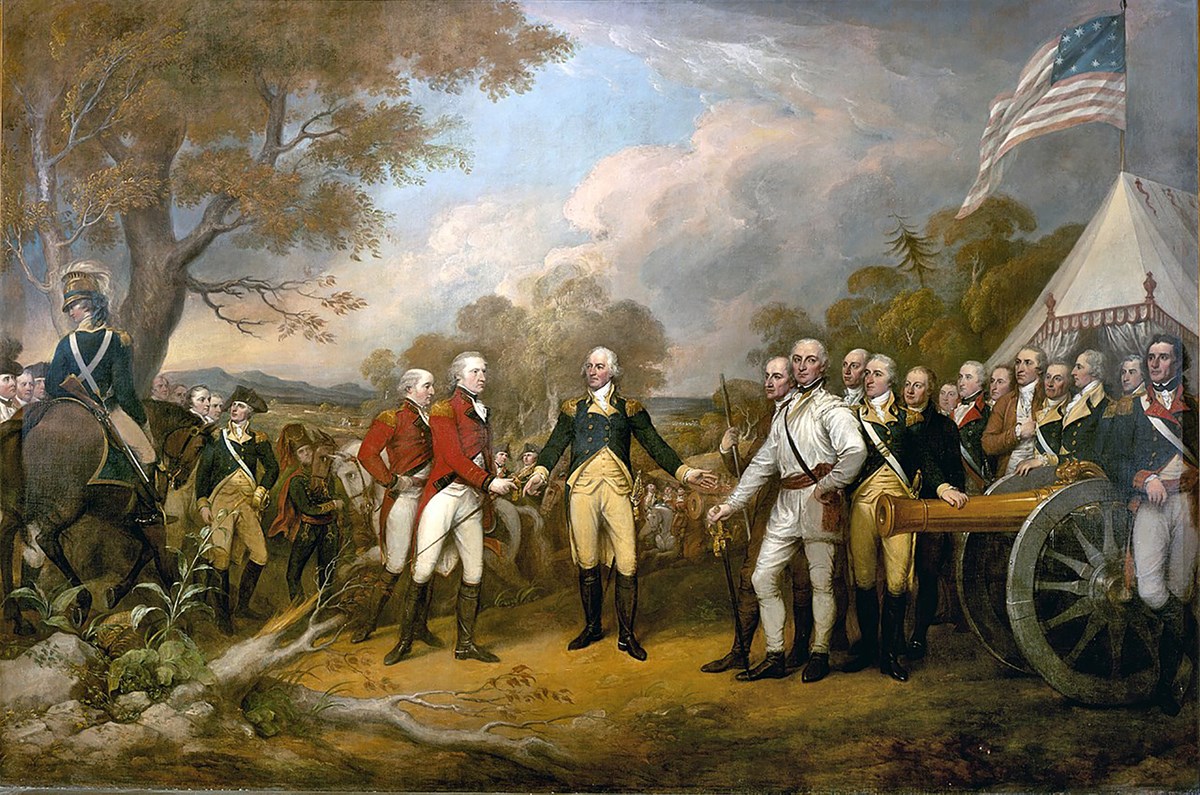 Two men in 18th C soldier uniform at the center of a small crowd. One is handing his sword to the outstretched arm of the second gentleman. 