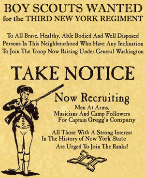 a parchment Revolutionary War recruitment flyer with a continental soldier on it has been modified to get Boy Scouts attention