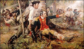 In an oil painting, a man sits under a tree wounded in the leg. He is wearing a woolen uniform and blood is soaking into his clothing. As smoke surrounds him from musket fire he frantically shouts orders at the men around him.