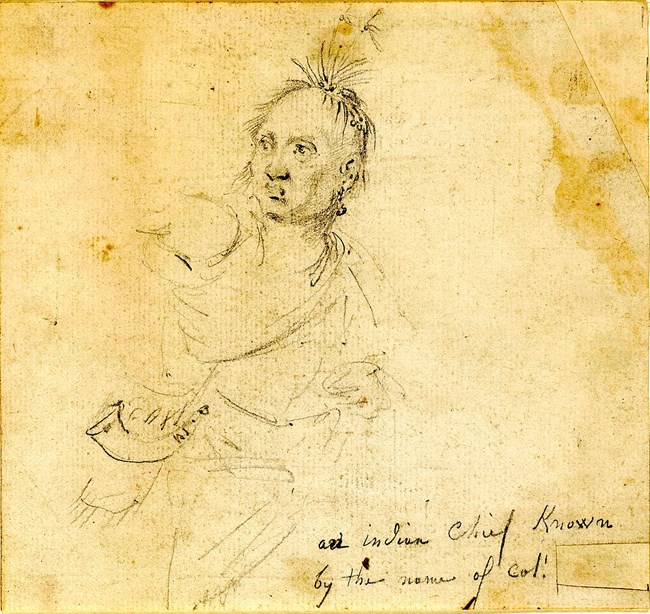 A sketch of a man posed in profile. He looks off to the left in a lean stance. He has feathers adorning he head.
