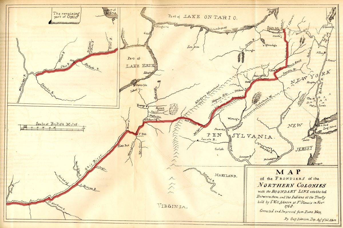 An old map of Pennsylvania, New York, and Virginia. There are lines delineating east from west.