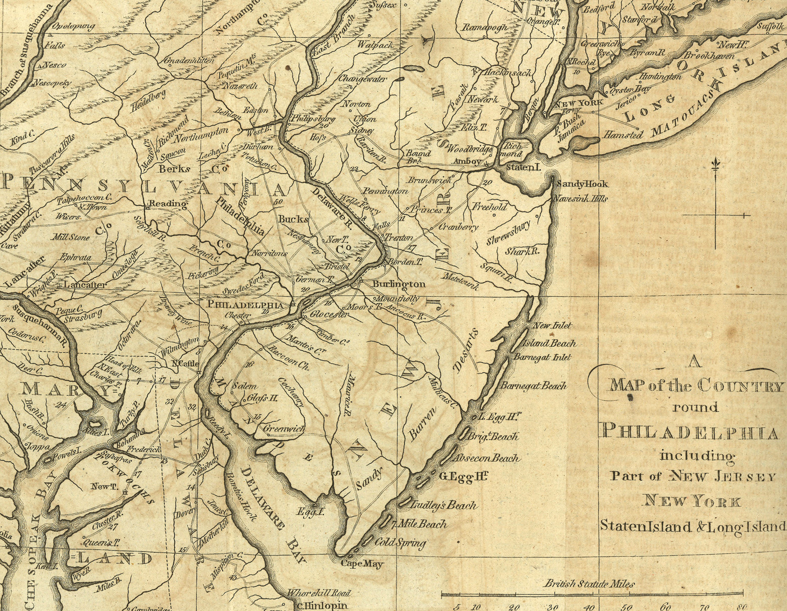 An old map depicting the area of Philadelphia, New York City, and New Jersey, its border shaped like a pickle or kidney bean.