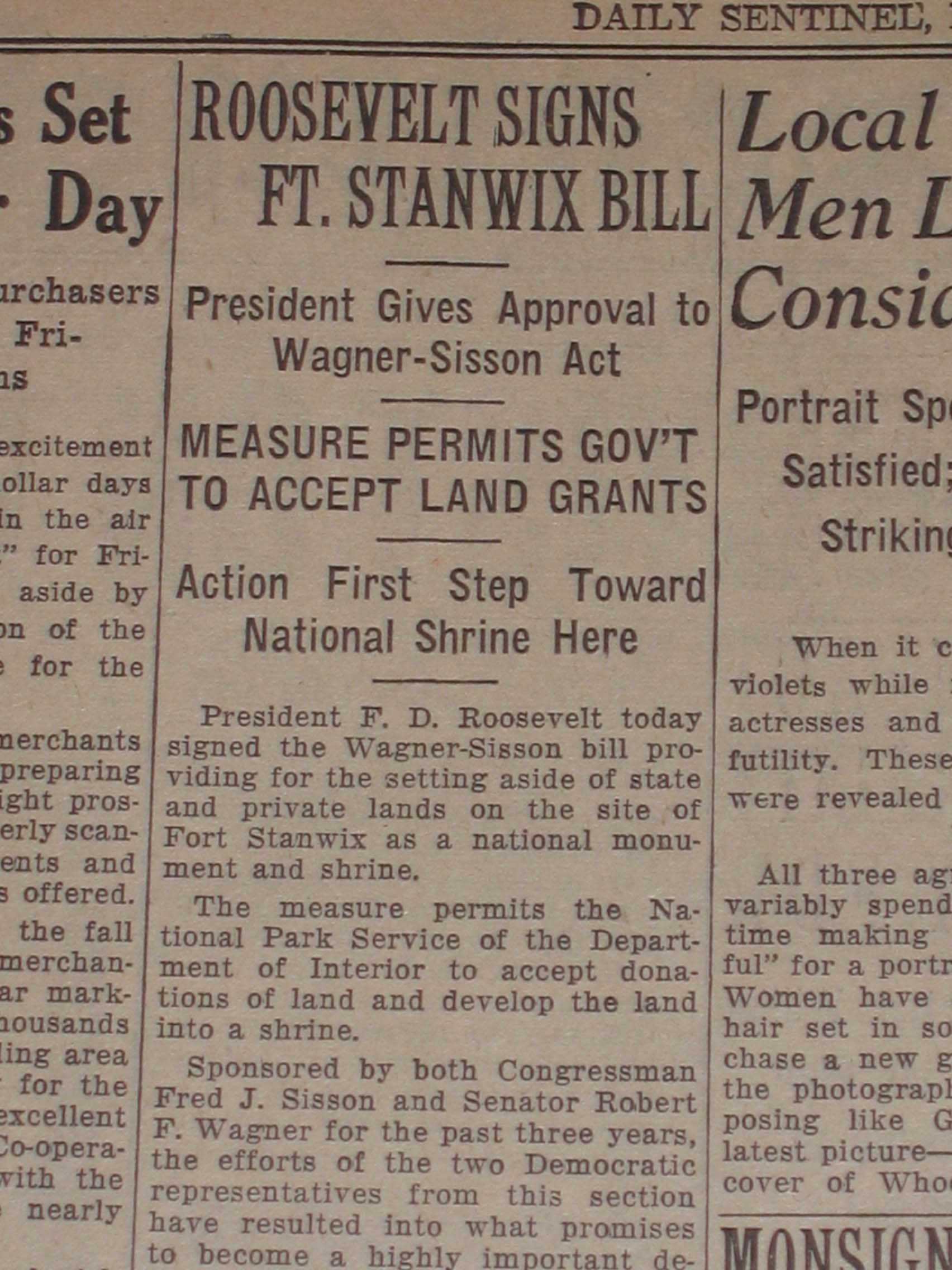 the 1935 Rome Sentinel in faded yellow, Headline: Roosevelt signs law to accept land grants, new National Park Shrine