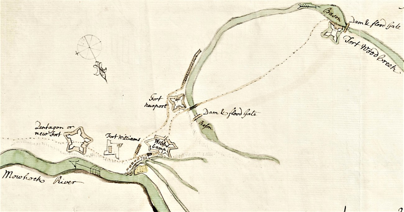 An old map with a trail drawn next to a river. Tiny drawings of forts are spread along it.