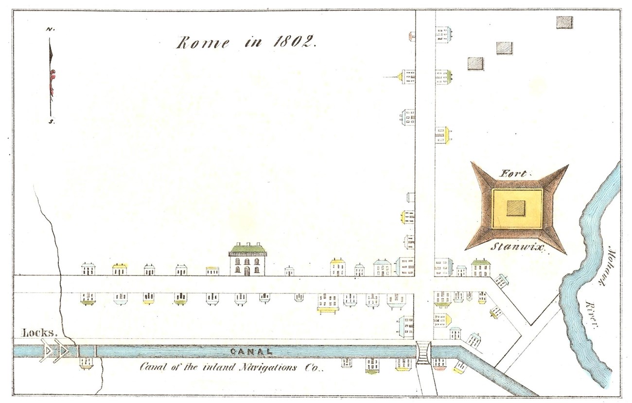 An old map depicting a canal and the outline of the old fort.