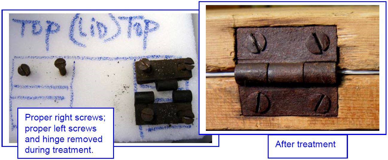 A before and after picture of a rusted, fractured, iron hinge, then in a more repaired state.