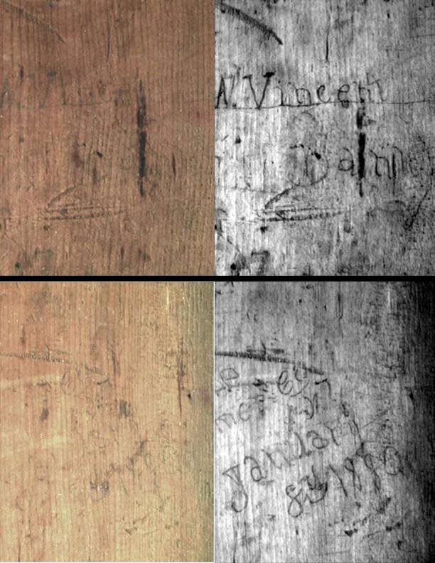 On one side is a wooden surface, the other is the same, but imprints of writing have been exposed.