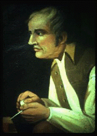 A posthumous portrait of Nicholas Herkimer based on period descriptions. His complexion and hair are dark, and he has a receding hairline. He wears a white shirt, a brown vest, and holds a white clay pipe.