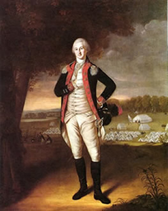 A man in a Continental Army uniform and powdered wig looks toward the painter.  