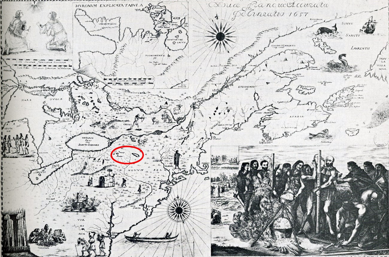 An old map of North America with an image of two men being stabbed near a fire overlain.