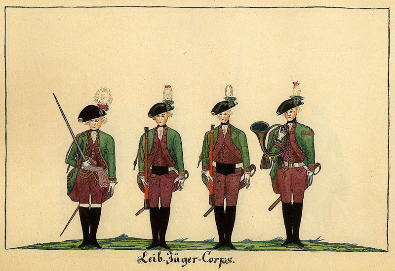 An old painting. Four men in 18th C-style military jackets stand shoulder to shoulder. One holds a sword, a second a curled trumpet. 