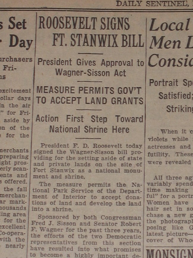 An old newspaper with "Roosevelt Signs Ft. Stanwix Bill" as main headline.