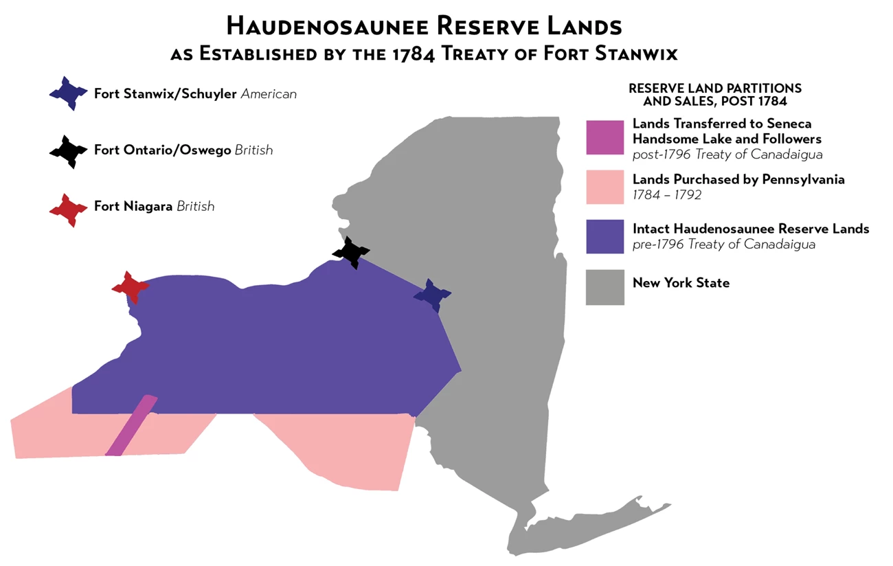 NYS.1784.Res6Nations.Map.grey.26.wKey2 A map of modern New York State, with large swaths of land on the western end blocked out.