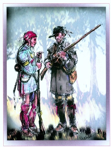 A colored sketch of an Oneida warrior and a Continental rifleman comparing arms. Both men are dressed for woods fighting, and wear long shirts, leggings, and moccasins.  