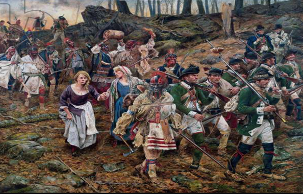 PeoplePicture1 A modern depiction of the Indian/Loyalist force leaving the German Flatts area with their prisoners and their “spoils of war”. Part of the Loyalist force marches in front, with the Indians massed in the rear.