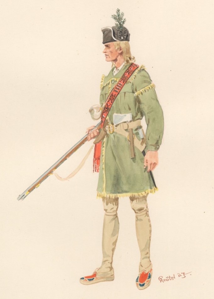 Picture1ranger This ranger wears tan military style full gaiters over his breeches and stockings and moccasins in place of leather shoes. He wears a long green “hunting shirt” and on his head is a black felt cap. His equipment includes a red cloth Indian style hunting p