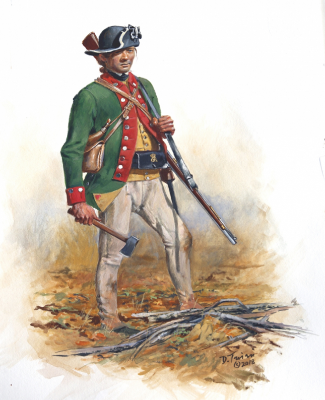 Picture2ranger2 He wears well-worn white overalls, a buff-colored vest and a dark green coat with red collar, cuffs and lapels. He wears a black round hat with white trim on his head. He has a musket slung over his left shoulder and carries a belt axe in his right hand.