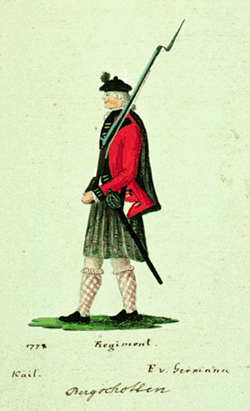 Picture2scots A soldier of the 84th Regiment, circa 1778. He wears a dark colored kilt and a red regimental coat with dark blue collar, lapels and cuffs. His stockings are a red and white “diced” or checked pattern. He wears a dark blue bonnet on his head and black lea
