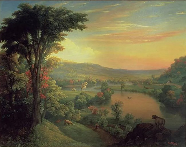 A painting looking down a hill, over a river bend.