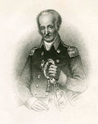 Sketch of an elderly man in a Continental Army uniform holding a sword in front of him. 