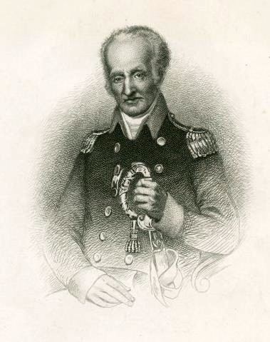 ReturnJonathanMeigsSr Sketch of an elderly man in a Continental Army uniform holding a sword in front of him.