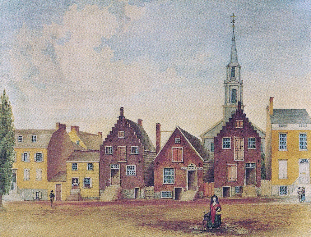 A painting of quaint looking homes and buildings along the side of a street. Two people stand on the dirty cobblestones in front of the homes. 