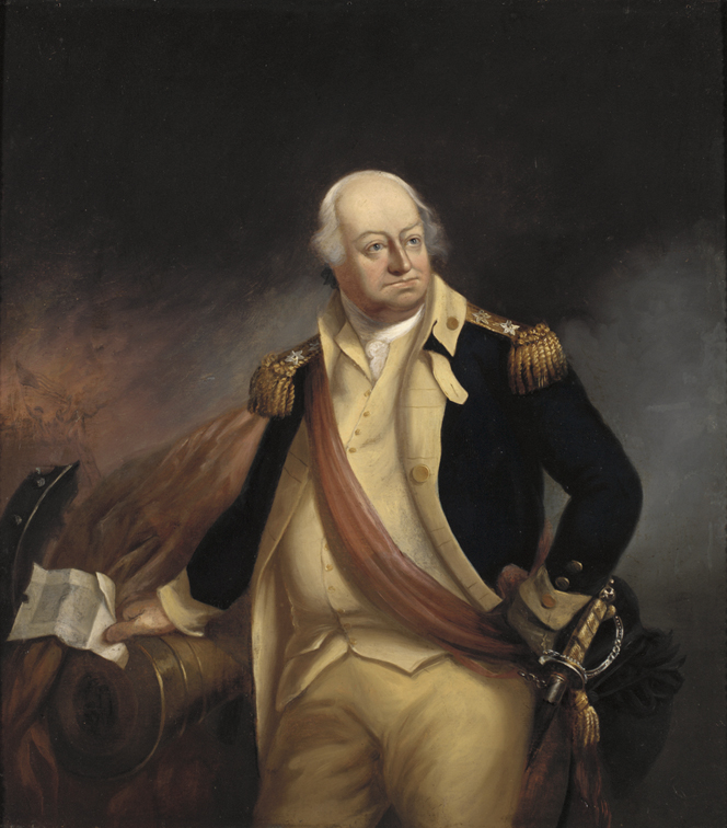 A portly, balding, older man poses in an elaborate Continental soldier's uniform. He holds a paper in his right hand.