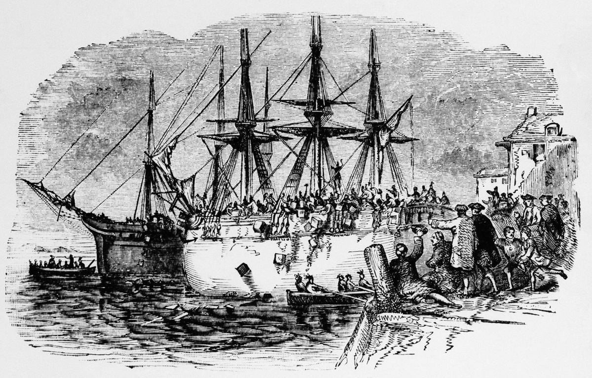 teaparty2 An old wooden ship with three masts. Hundreds of men crowd around and on it tossing large bundles into the water.