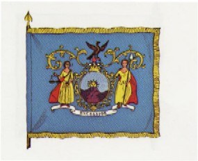a light blue flag with golden fringe, on it stands ladies liberty and justice in golden dress standing on a British crown.