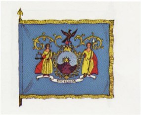 a light blue flag with golden fringe, on it stands ladies liberty and justice in golden dress standing on a British crown. a light blue flag with golden fringe, on it stands ladies liberty and justice in golden dress standing on a British crown.